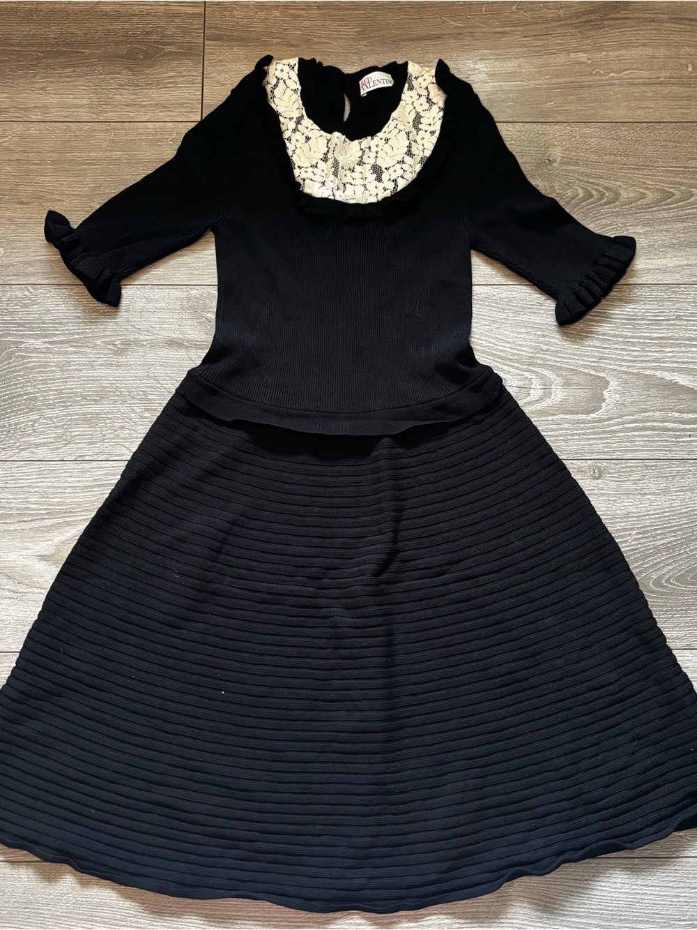 RED Valentino Black Knit Dress with Cream Lace Collar